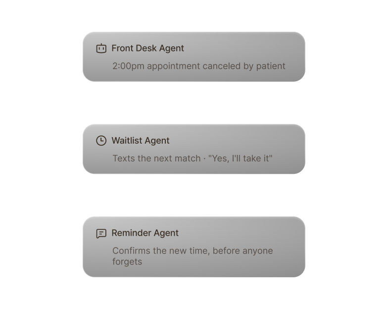 Multiple Myna agents handing a task off to one another in sequence.